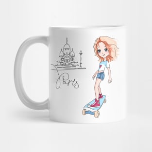 Cute baby girl skateboarder in Paris, France Mug